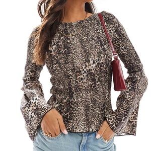 Shirred Top with Fluted Sleeves in Leopard Print
